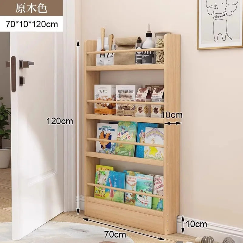 Floor-to-ceiling multi-layer living room narrow storage cabinet Solid wood wall-mounted bookcase Children's picture book rack
