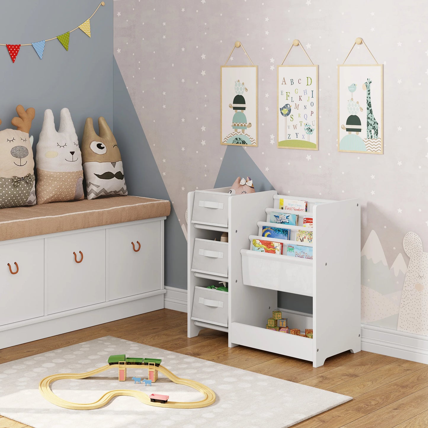 White Children Bookcase Toy Organizer Shelf Kindergarten 3 Storage Boxes Study Rack for Children's Room Playroom