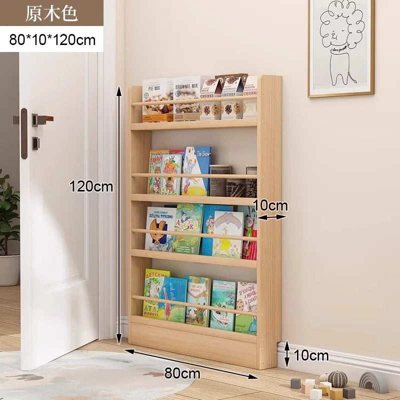 Floor-to-ceiling multi-layer living room narrow storage cabinet Solid wood wall-mounted bookcase Children's picture book rack