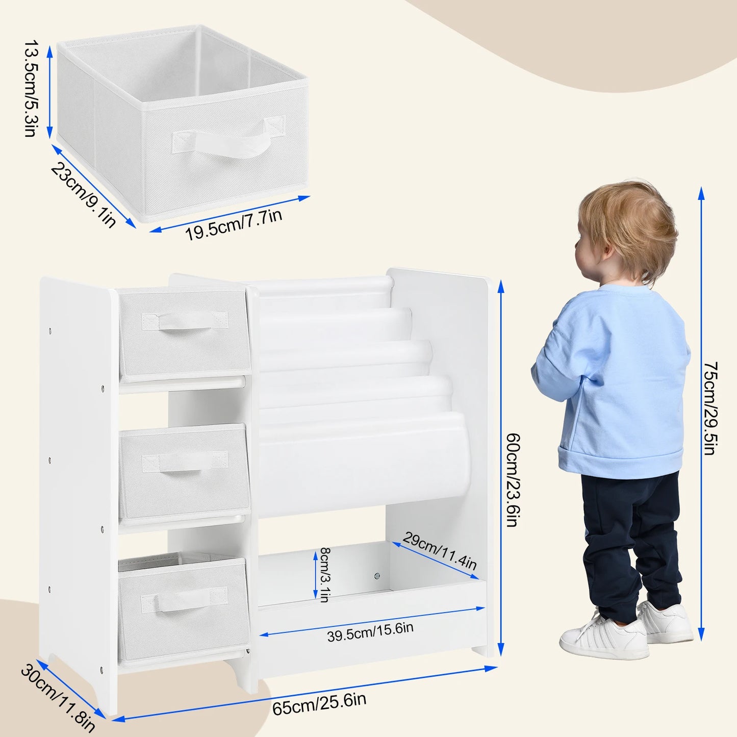 White Children Bookcase Toy Organizer Shelf Kindergarten 3 Storage Boxes Study Rack for Children's Room Playroom