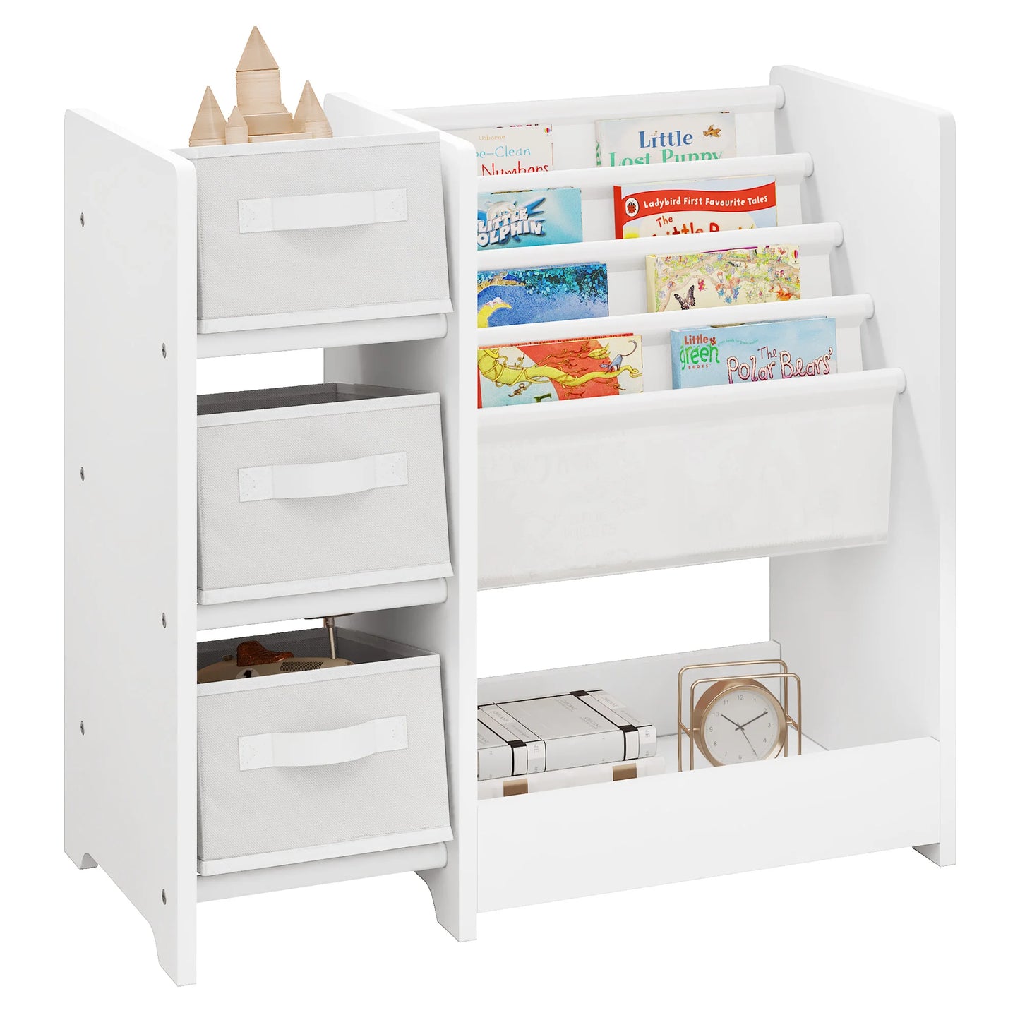 White Children Bookcase Toy Organizer Shelf Kindergarten 3 Storage Boxes Study Rack for Children's Room Playroom