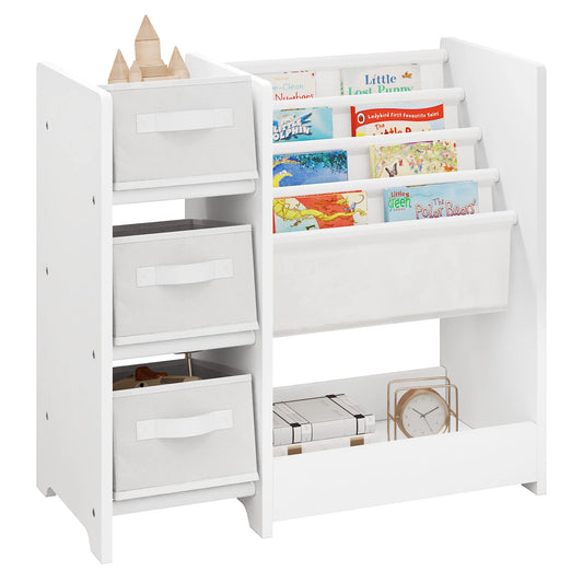 White Children Bookcase Toy Organizer Shelf Kindergarten 3 Storage Boxes Study Rack for Children's Room Playroom