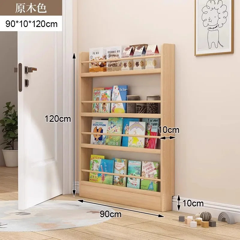 Floor-to-ceiling multi-layer living room narrow storage cabinet Solid wood wall-mounted bookcase Children's picture book rack